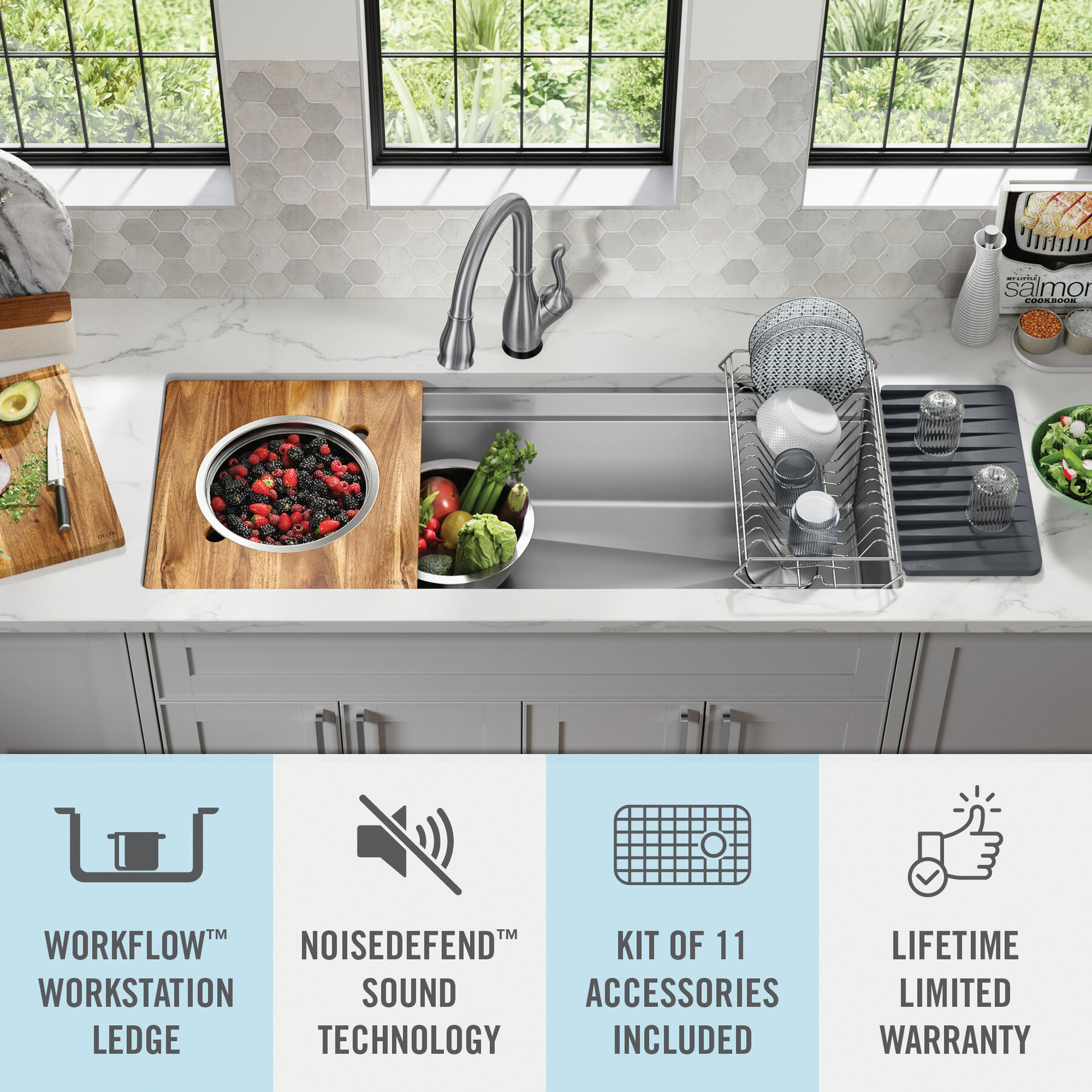 45” Workstation Undermount Single Bowl 16 Gauge Stainless Steel Kitchen Sink with 2-Tier WorkFlow™ Ledge and Accessories, image 24